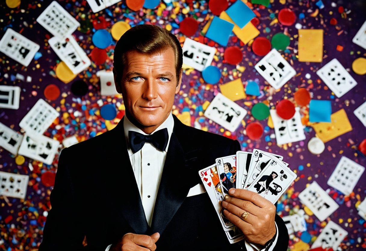 A charismatic portrait of Roger Moore dressed as James Bond, surrounded by iconic symbols of joy in entertainment like film reels, laughter, and celebratory confetti. Include vibrant colors to evoke a sense of happiness, with a soft focus on iconic Bond elements like the Aston Martin and spy gadgets in the background. The scene should radiate warmth, showcasing an elegant cocktail party atmosphere. super-realistic. vibrant colors.