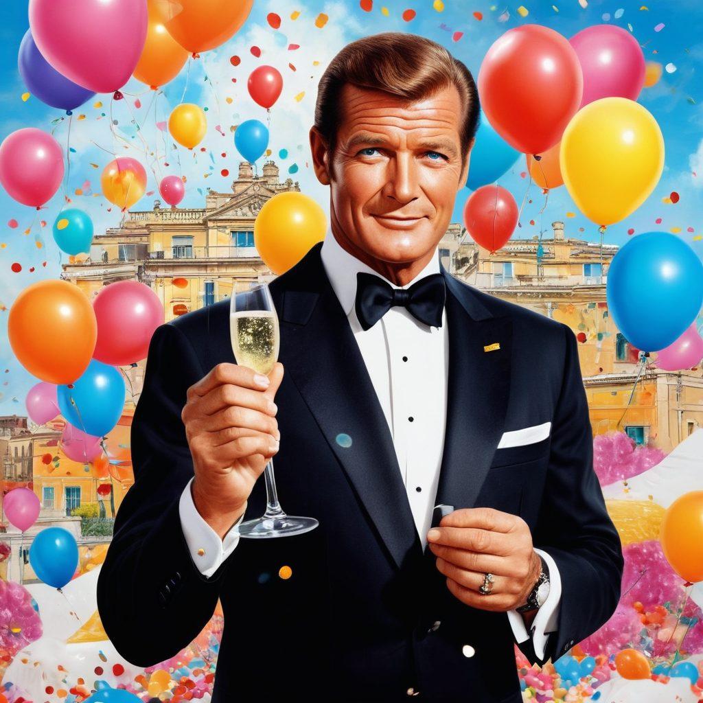 A charismatic portrayal of Roger Moore as James Bond, showcasing him in a classic tuxedo with a charming smile, surrounded by symbols of joy such as confetti and balloons. The background should feature iconic Hollywood landmarks and a bright, cheerful sky. Add playful elements like champagne glasses clinking to evoke celebration. Light up the scene with vibrant colors to enhance the festive atmosphere. super-realistic. vibrant colors. white background.