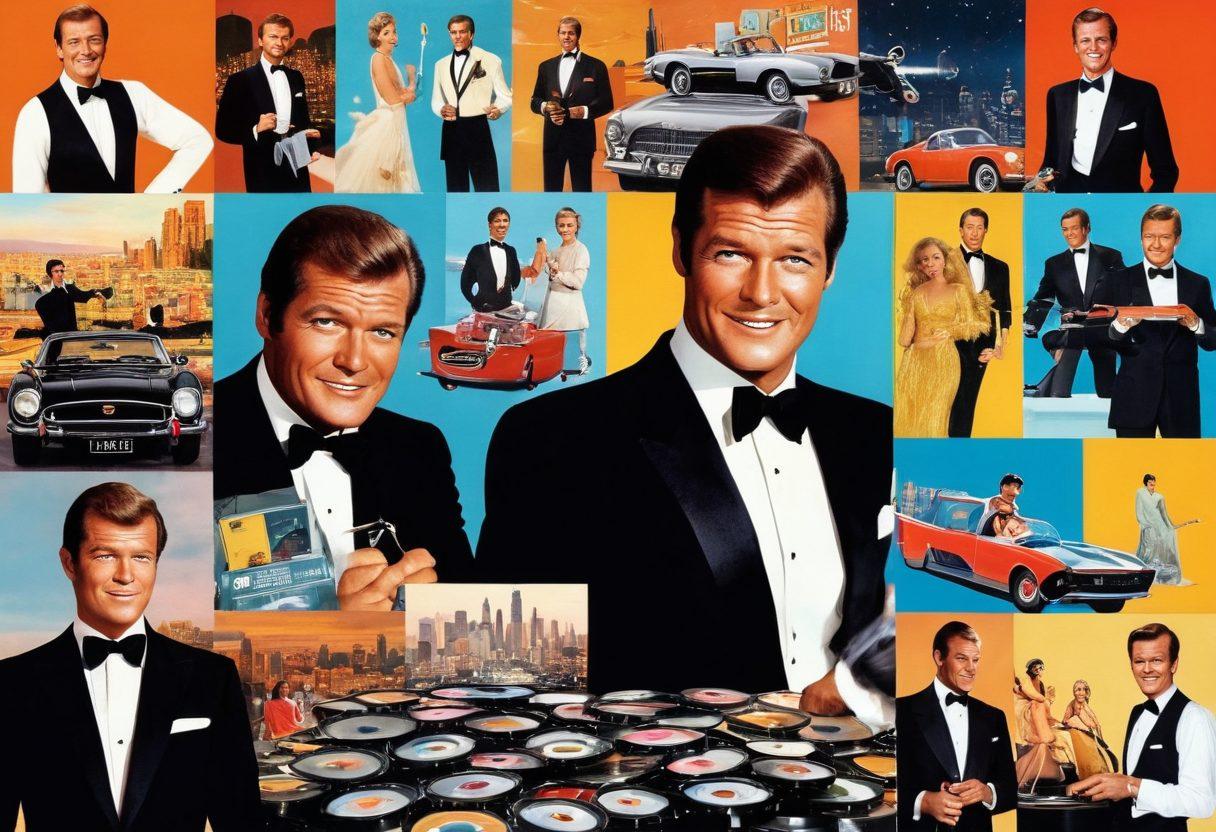 A vibrant collage of iconic scenes from Roger Moore's films, showcasing his charming smile and suave demeanor, surrounded by film reels and a spotlight. Include elements like a vintage tuxedo, playful expressions, and a Hollywood skyline in the background. The atmosphere should be joyful and celebratory, capturing the essence of classic cinema. super-realistic. vibrant colors.